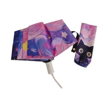 Imagem de Guarda-chuva Dobrável Feminino Azul Verde Roxo Com Estampa De Gato Car