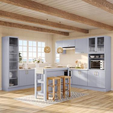 Imagem de Cozinha Modulada 12 Pçs com Tampo e Cristaleira e Ilha Marselha Cabecasa Madeiraoriginals Azul Sereno