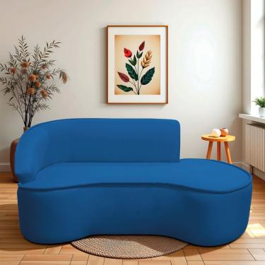 Imagem de Divã Recamier Curvo Sala De Estar Recepção Marrocos 200cm Lado Direito Linho Azul Royal