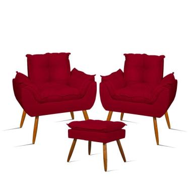 Imagem de Kit 02 Poltronas Decorativas Opala Com Puff Para Apoio Dos Pés Suede Vermelho Balaqui D...