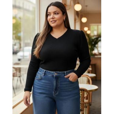 Imagem de Blusa De Frio Feminina Suéter Manga Longa Comprida Gola V Térmica Plus
