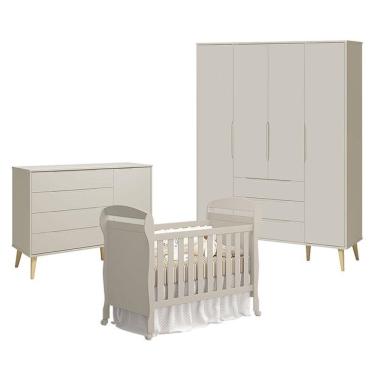 Imagem de Quarto De Bebê 4 Portas Com Cômoda Com Porta Elfe Retrô E Berço Americano Danny Areia Acetinado Natural - Reller