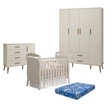 Imagem de Quarto De Bebê 4 Portas Com Cômoda Com Porta Isis E Berço Americano Danny Areia Acetinado Com Colchão Ortobom - Reller