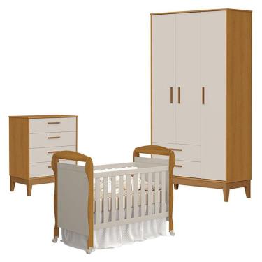 Imagem de Quarto De Bebê 3 Portas Com Cômoda Gaveteiro Flip E Berço Americano Danny Areia Savana Acetinado - Reller