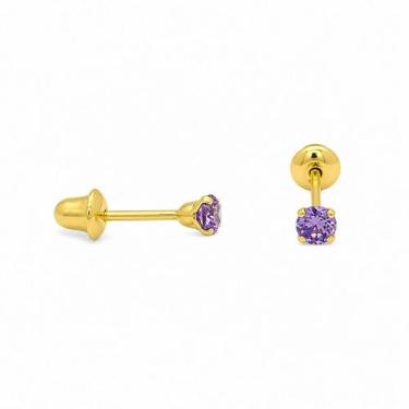 Imagem de Brinco em Ouro 18K com Zircônia Redonda Lilás - Par - Justino Ribas, 2