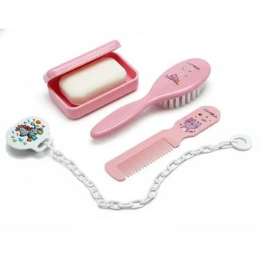 Imagem de Kit Banho Bebê Infantil Pente Escova Saboneteira Criança Bebê Cor:Rosa