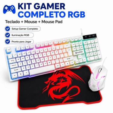 Imagem de Kit Gamer RGB Completo Teclado Mouse Mouse Pad Gamer Grande Branco Hoo