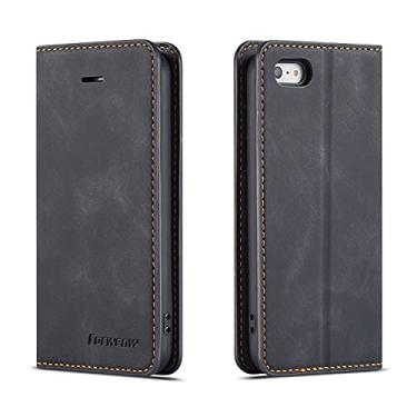 Imagem de CHAJIJIAO Capa ultrafina de couro carteira multifuncional para iPhone 5S/SE, capa carteira magnética flip 2 em 1, capa de TPU com compartimento para cartão (cor: preta)
