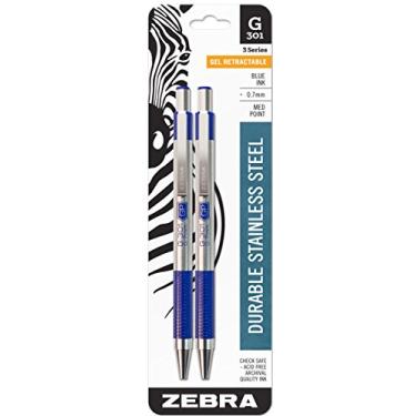 Imagem de Zebra Pen Caneta de gel retrátil de aço inoxidável G-301, ponta média, 0,7 mm, tinta azul, 2 unidades, pacote com 2 (41322)