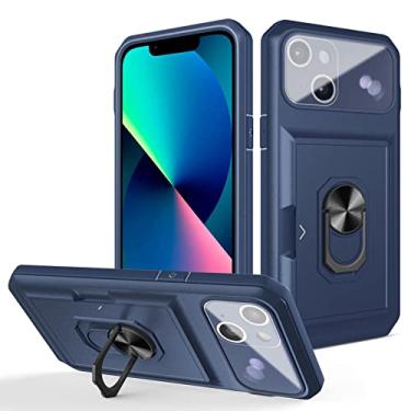 Imagem de zhouye Capa resistente para iPhone 14/14 Pro/14 Plus/14 Pro Max, capa de proteção de lente de grau militar com suporte de anel de metal giratório e slot para cartão à prova de choque magnético, azul, 14 Plus 6,7 polegadas