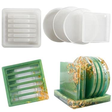 Imagem de Szecl - 4 peças de moldes de silicone para resina epóxi com suporte organizador de porta-copos, 3 peças redondas, 1 peça de kit de fabricação de porta-copos quadrado molde de fundição de resina para decoração de mesa de escritório artesanal faça você mesmo