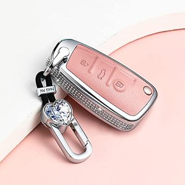 Imagem de YJADHU Suporte de proteção feminino capa de chave de carro capa de chave de couro chaveiro anel, apto para AUDI A1 A4 A3 A6 TT Q3 Q7 S3, rosa com chaveiroA