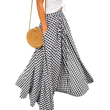 Imagem de Hiborth Saia feminina xadrez bolsos verão fino drapeado maxi saia streetwear maxi saia