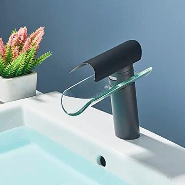 Imagem de Torneira para lavatório com bico em cascata de vidro Torneira de água quente e fria montada no convés Torneira misturadora para banheiro de manípulo único, preto fosco