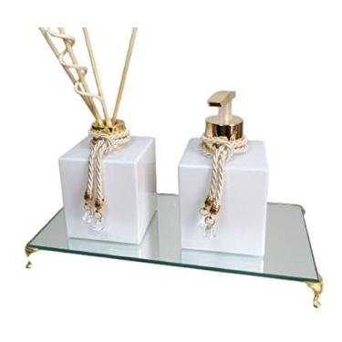 Imagem de Luiggi Presentes® Kit de Banheiro - Porta Sabonete, Difusor, Bandeja Espelhada - Branco e Dourado