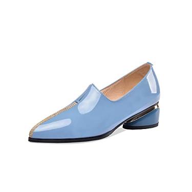 Imagem de TinaCus Sapato feminino de couro envernizado bico fino costura feita à mão salto baixo grosso sapato mocassim elegante, Azul, 9