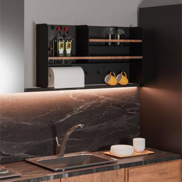 Imagem de Porta Temperos em Aço Carbono Preto e Madeira C/ Porta Papel - 80cm Linha Home