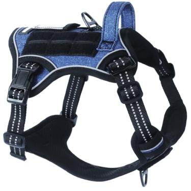 Imagem de BUMBIN Peitoral tático para cães médios antipuxão, famoso TIK Tok antipuxão, arnês para filhotes de estimação reflexivo inteligente para treinamento, colete ajustável para cães com alça azul jeans M