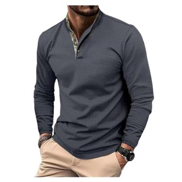 Imagem de Camisa polo masculina estampa waffle gola larga gola de golfe meia frente botões cor sólida pulôver, Cinza, XG
