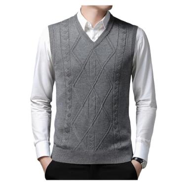 Imagem de Suéter masculino de malha com borda canelada cor sólida suéter colete gola V pulôver sem mangas, Cinza, M