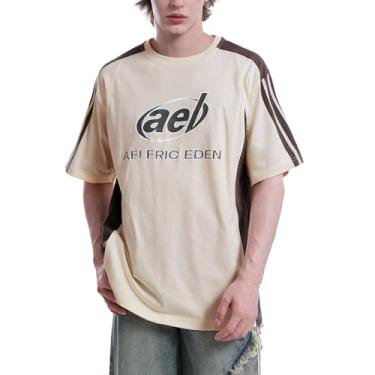 Imagem de Aelfric Eden Camisetas estampadas grandes masculinas cor contrastante Speedway Racing camiseta unissex streetwear camiseta polo patchwork, 07-a8-bege, GG