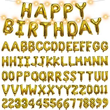 Imagem de Personalized Name Happy Birthday Balloons Letters Kit, DIY Custom Name Birthday Banner, 2 Sets A- Z & 0-9 16'' Letters and Numbers with 2 LED Light for Birthday Party Decorations (Gold)