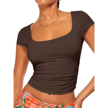 Imagem de Tops cropped para mulheres tops de verão da moda camisas de manga curta para mulheres tops de saída para mulheres tops de pescoço quadrado para mulheres, Marrom chocolate, G