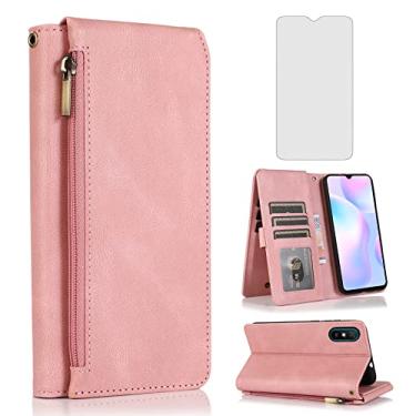 Imagem de Capa carteira compatível com Xiaomi Redmi 9A Redme 9i, protetor de tela de vidro temperado e zíper retrô de couro, suporte para cartão, acessórios para celular Redmi9A A9 Redmi9i i9 feminino ouro rosa