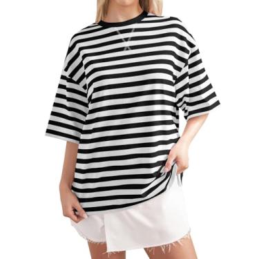 Imagem de Camiseta feminina listrada color block para praia plus size gola redonda básica casual verão, 011 - Branco, M