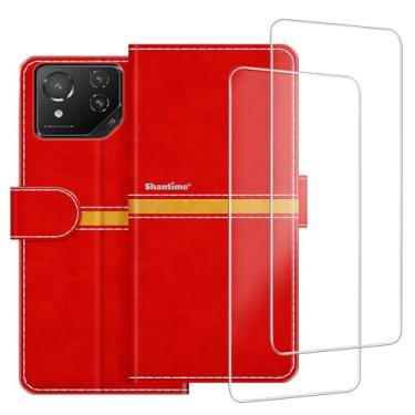 Imagem de ESACMOT Capa de celular compatível com Asus Rog Phone 8 + [2 unidades] película protetora de tela de vidro, capa protetora magnética de couro premium para Asus Rog Phone 8 (6,7 polegadas) vermelha