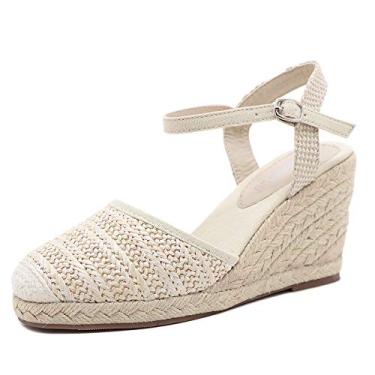 Imagem de Chinelos, sandálias femininas de tecido de palha, estilo rústico, requintadas e confortáveis sandálias romanas de salto alto, Branco, 37