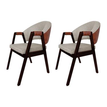 Imagem de Kit 2 Cadeiras de Jantar Madeira Maciça Castanho Helen Linho Bege Compose Facto Ocre