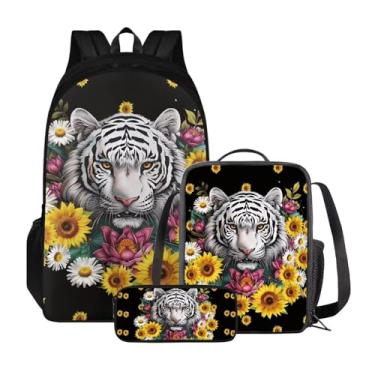 Imagem de Suobstales Mochila escolar com estampa de margarida de tigre e girassol com lancheira 3 em 1, mochila escolar 3 em 1, mochila de ombro, mochila casual com dois compartimentos