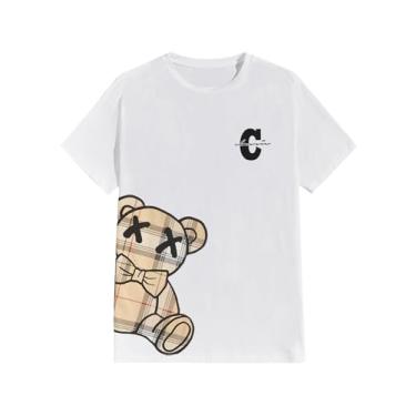 Imagem de SHENHE Camiseta masculina estampada gola redonda manga curta estampa de urso xadrez camiseta de verão, Branco, P