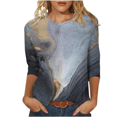 Imagem de Camiseta feminina de verão com gola redonda, caimento solto, estampada, casual, elegante, túnica, Cinza, M