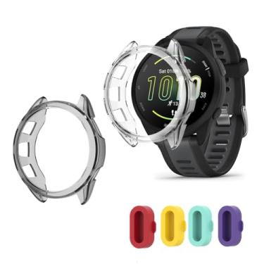 Imagem de FCMEDZI Capas de TPU para relógio inteligente compatíveis com Garmin Forerunner 165 e 165 Music, capa protetora de moldura macia e plugue antipoeira de carregamento de silicone (pacote com 4 + 2)