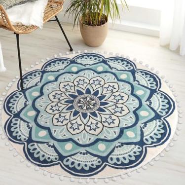 Imagem de Uphome Tapete redondo 90 m Tapete Boho Mandala Azul com Franja Pompom Antiderrapante Lavável Círculo Tapete de Banho Macio Lindo Medalhão Florescendo Tapete para Entrada Quarto em Pó Sala de Estar Bebê