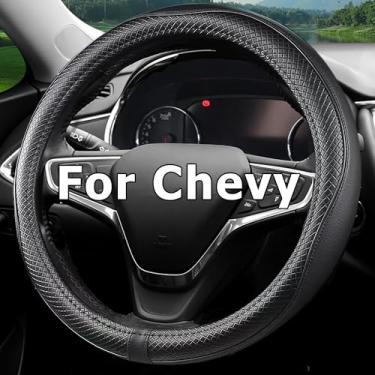 Imagem de CACAWIZ Capa de volante de carro para Chevy, compatível com Silverado, Tahoe, Equinox, Traverse, Colorado, couro premium, design esportivo, preto