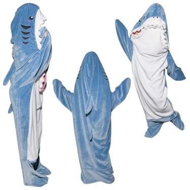 Imagem de OLAOLA Cobertor de tubarão para adultos, macacão de flanela super macio e aconchegante, cobertor vestível de animais tubarão, moletom com capuz, macacão de fantasia de tubarão de Halloween, saco de