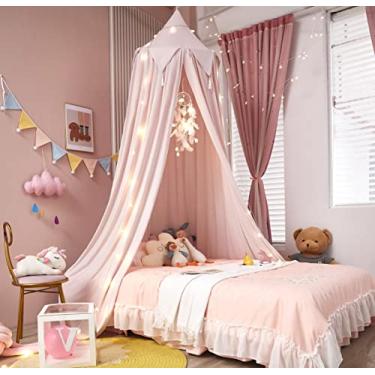 Imagem de Akiky Dossel de cama para meninas, com luzes, apanhador de sonhos de princesa, para crianças, leitura, recanto para cama de solteiro, cama queen size, decoração de quarto (rosa bege)