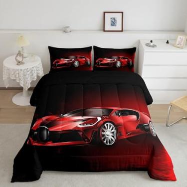 Imagem de Feelyou Conjunto de edredom de carro esportivo para crianças, tema de esportes radicais, vermelho, decoração de carro de corrida, conjunto de colcha com 1 fronha, 2 peças, tamanho infantil