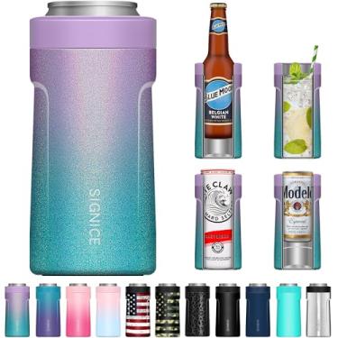 Imagem de Cooler térmico 3 em 1 – [2021 mais recente] Isolador a vácuo de parede dupla Signice Slim Can Coozie para lata fina de 340 g/lata padrão/garrafa de cerveja (sereia com gliter)