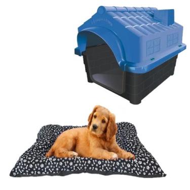 Imagem de Casa Cachorro Grande N4 Azul + Cama Pet Caminha 100% Lavável - MecPet