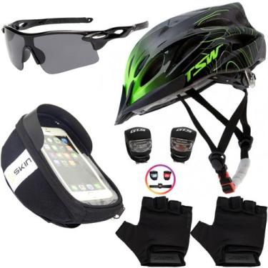 Imagem de Capacete Bike Ciclismo + Porta Celular + Pisca + Óculos + Luvas - Tsw,