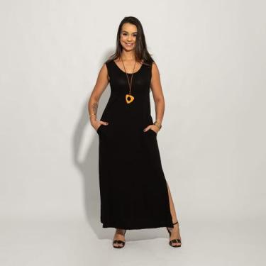 Imagem de Vestido Regata Liso Longo com Fenda Lateral e Bolso - Catwalk, Preto, 