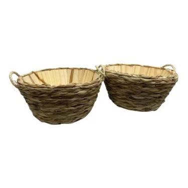 Imagem de 2 Cesto Vaso Cachepô Madeira Trança C Taboa Alça Palha 14x25 - FLORA F