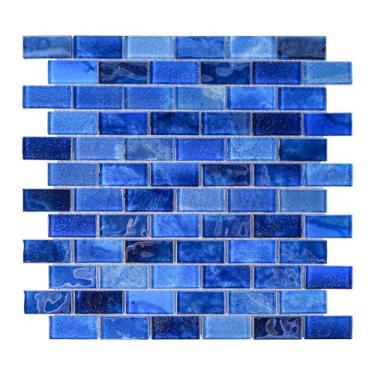 Imagem de CASAPALACE Azulejos de parede de mosaico linear Backsplash de vidro, azulejos de vidro de 5 folhas para cozinha, banheiro, piscina, chuveiro, azulejos (azul escuro, 4,8 m²)