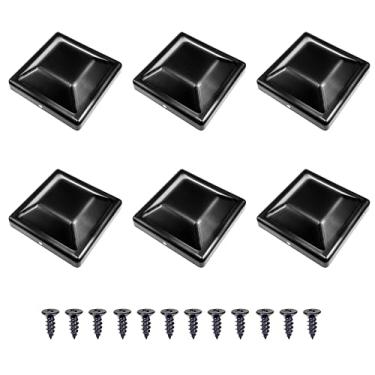 Imagem de IDGGDI Tampas de poste de 4 x 4 para poste de cerca de madeira de 9 cm x 8 cm x 9 cm, tampa superior de poste de deck de plástico preto com parafusos de montagem, 6 peças