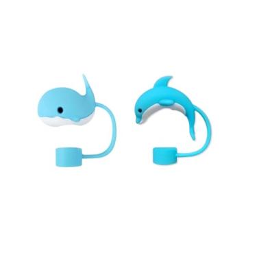 Imagem de 2 peças de tampa de palha, capas de silicone fofas tampas de tampas dispensadores de canudo para copo Stanley, canudo reutilizável à prova de poeira (baleias azuis e golfinho azul) (ZS041)
