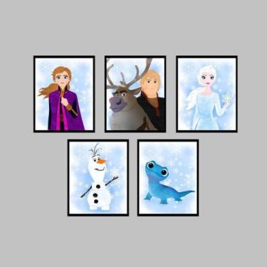 Imagem de Quadro Decorativo Princesa Frozen Elza Ana Quarto Menina Kit 5 peças M